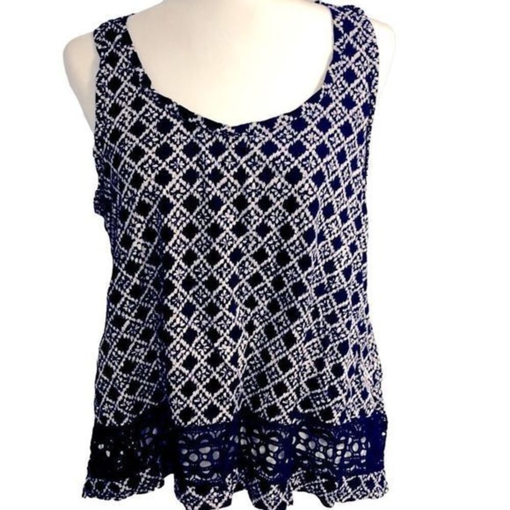 Ann Taylor Loft Navy 100% Cotton Argyle Crochet Accent Tank Top  SZ L EUC